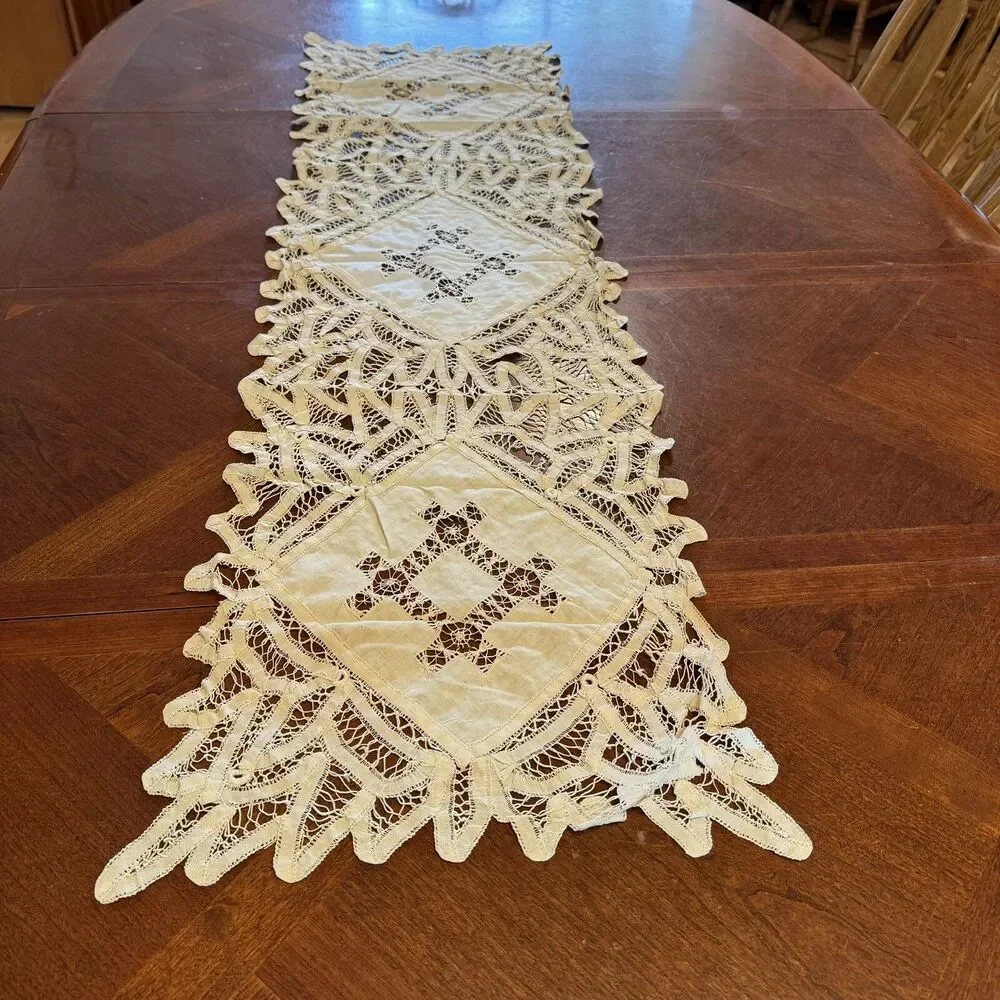 Antique Table Runner Dresser Scarf 50” X 15” Battenburg Lace hand stitched